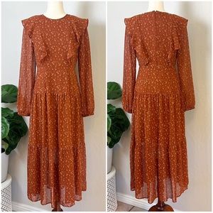 •MOUSSY• Long Sleeve‎ Ruffle Maxi Dress in Sienna Floral Print Size Small